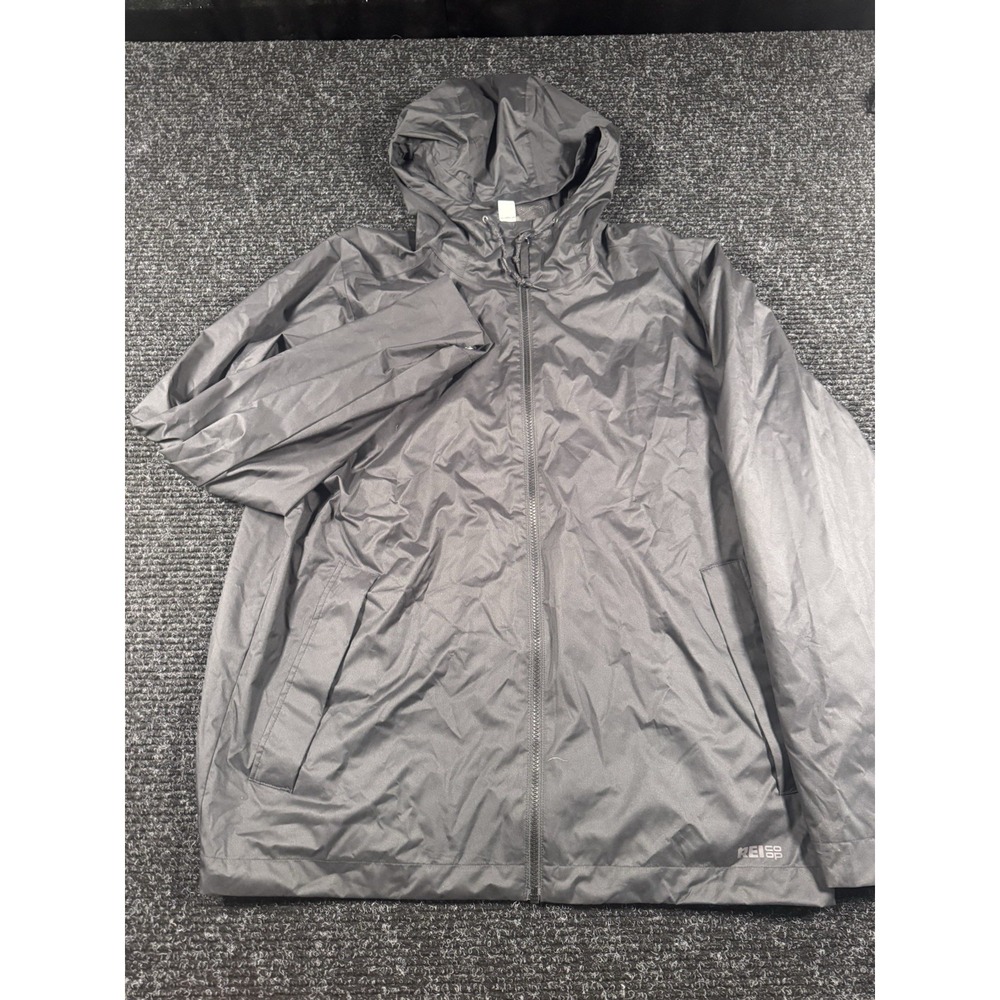 REI Co-op Men's Large Black Hooded Rain Jacket Windbreaker Full Zip Outdoor